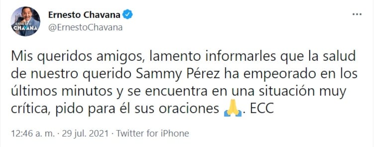 Ernesto Chavana pide oraciones por Sammy Pérez
