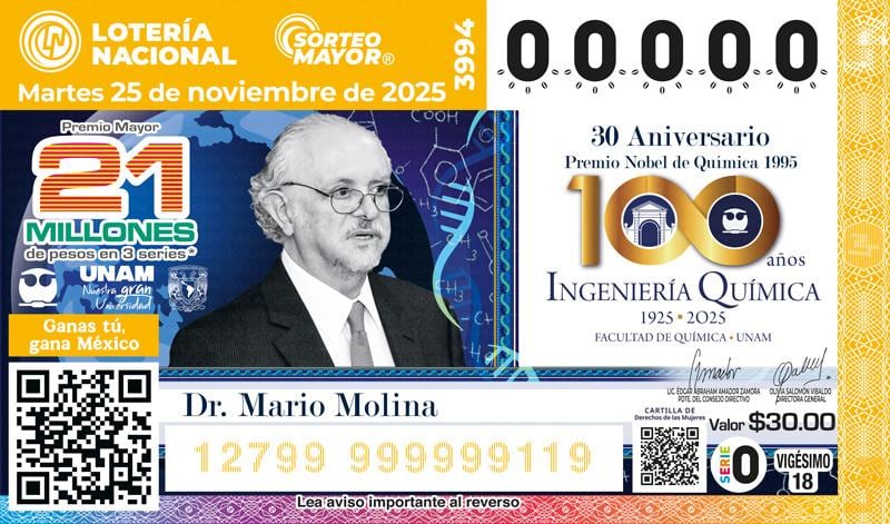 Lotería Nacional honra a Mario Molina y a un siglo de Ingeniería Química