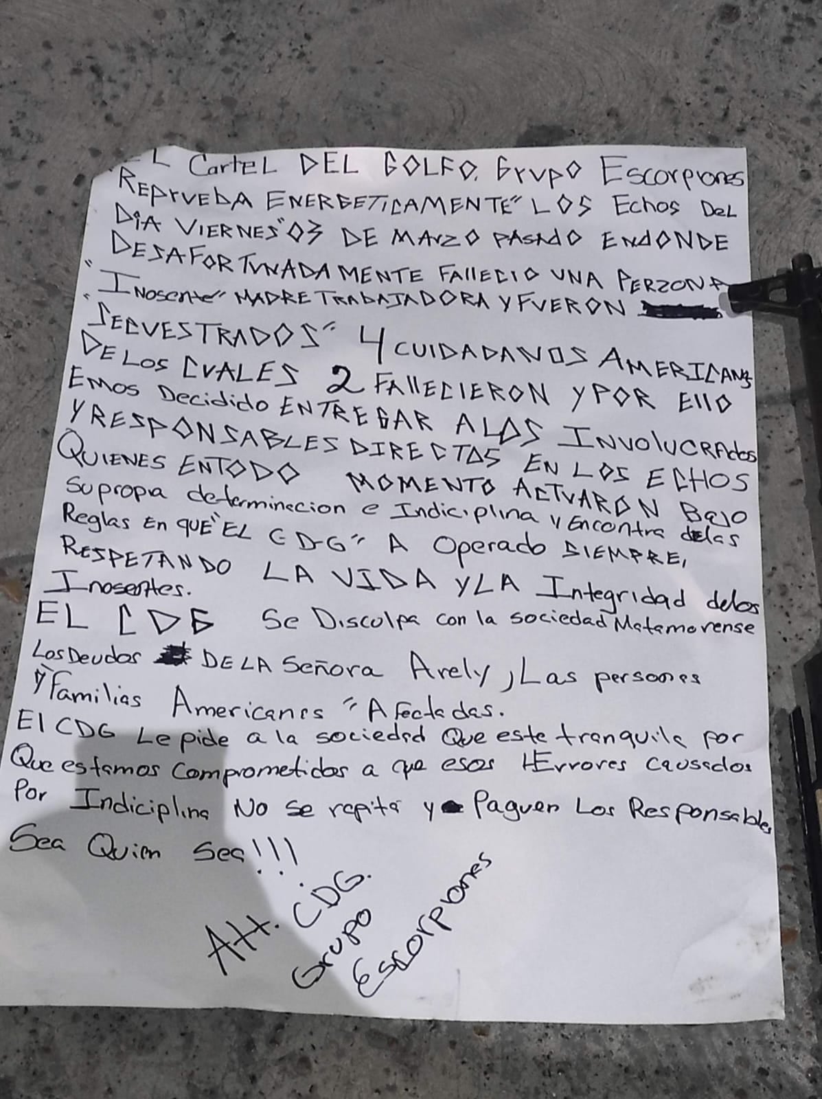 Encuentran a presuntos sicarios amarrados en Matamoros con disculpas por secuestro de estadounidenses
