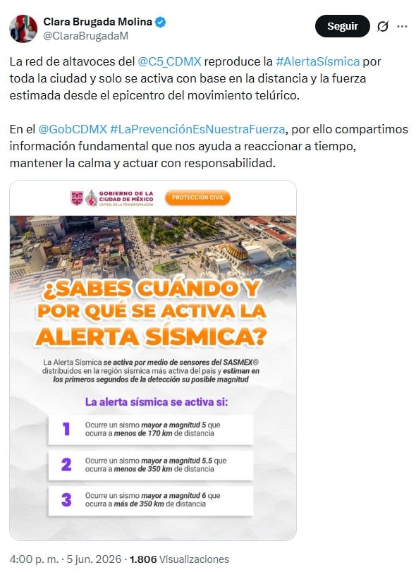 ¿Por qué no sonó la alerta sísmica? Clara Brugada responde tras el temblor en CDMX