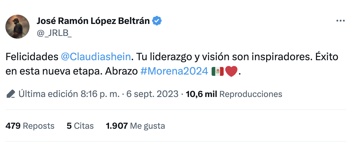 José Ramón López Beltrán felicitó a Claudia Sheinbaum