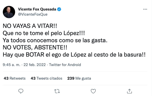 Vicente Fox pide abstenerse de participar en la consulta de revocación de mandato