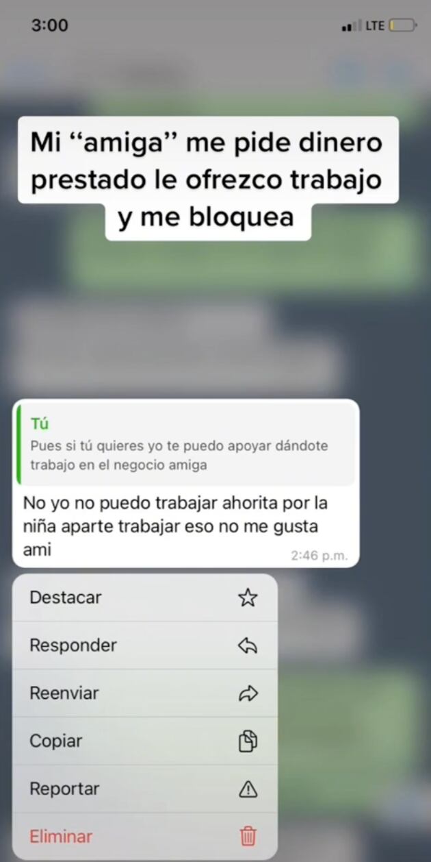 Conversación con la amiga que pidió dinero