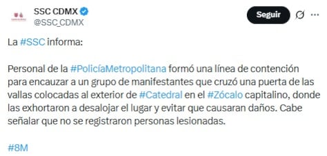 SSC informa sobre las manifestantes que cruzaron las vallas en la marcha del Día Internacional de la Mujer.