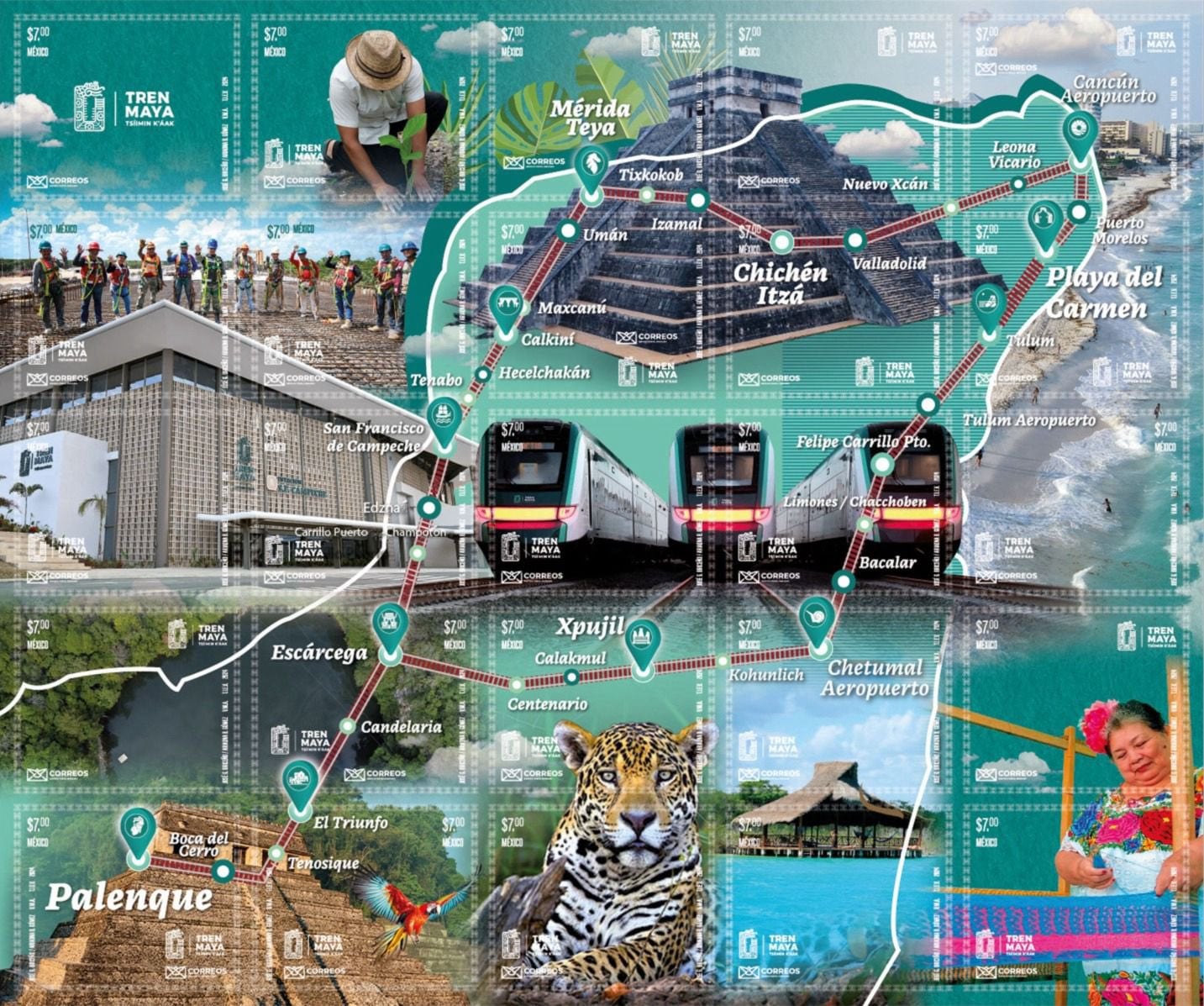 Planilla de 25 estampillas conmemorativas del Tren Maya