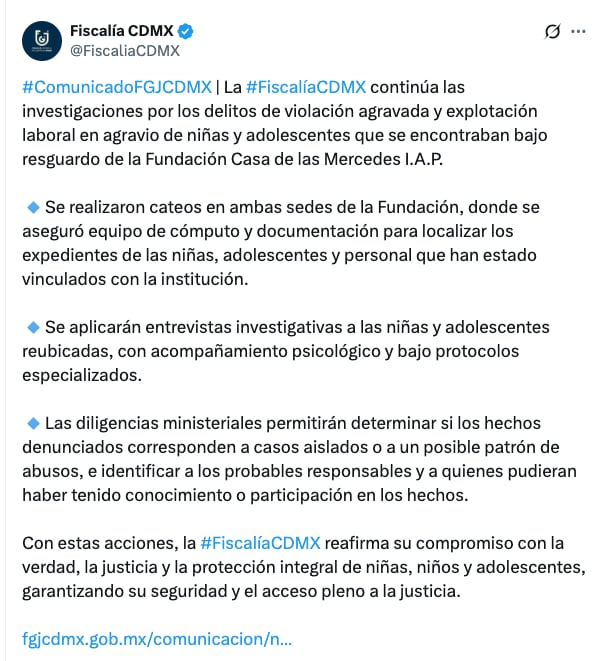 Comunicado de la Fiscalía CDMX sobre cateos en Casa de las Mercedes