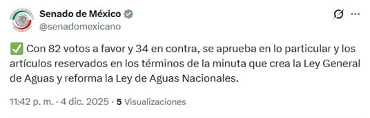Senado aprueba en lo particular la Ley General de Aguas