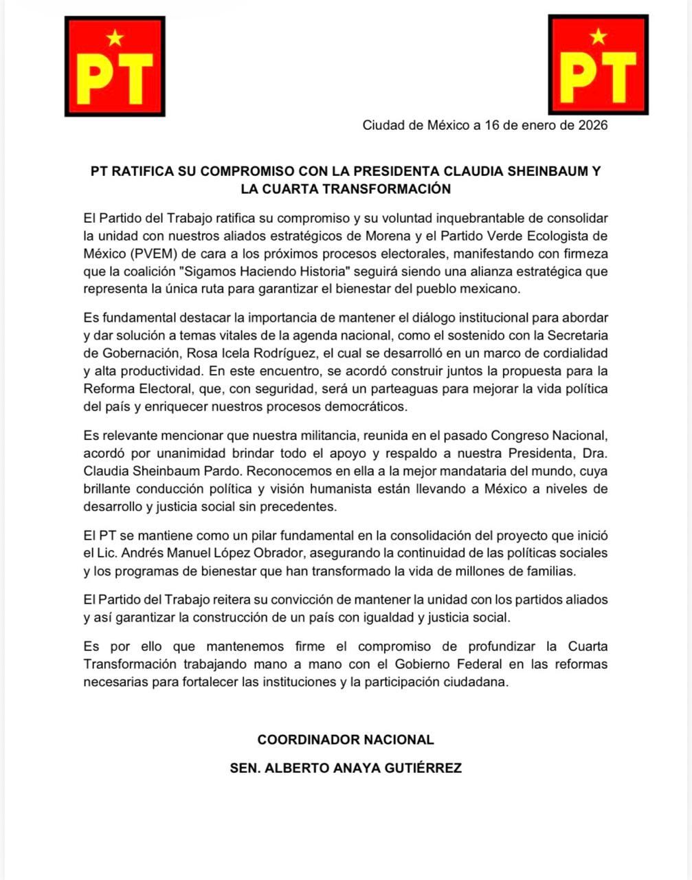 PT cierra filas con Claudia Sheinbaum en reforma electoral