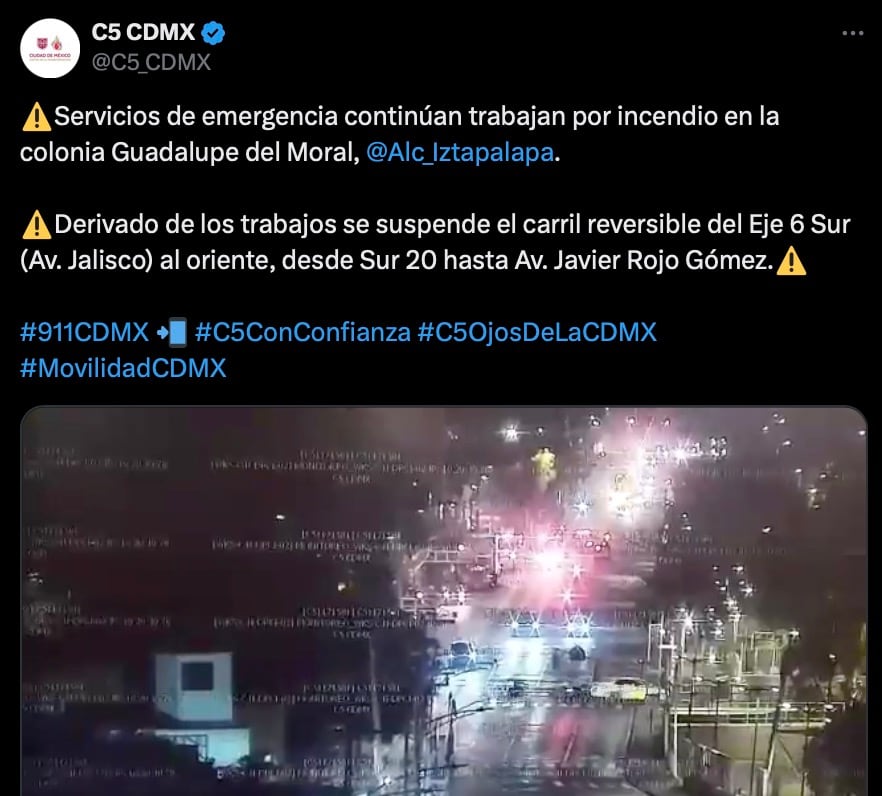 Suspenden carril reversible en Eje 6 Sur por incendio en Iztapalapa