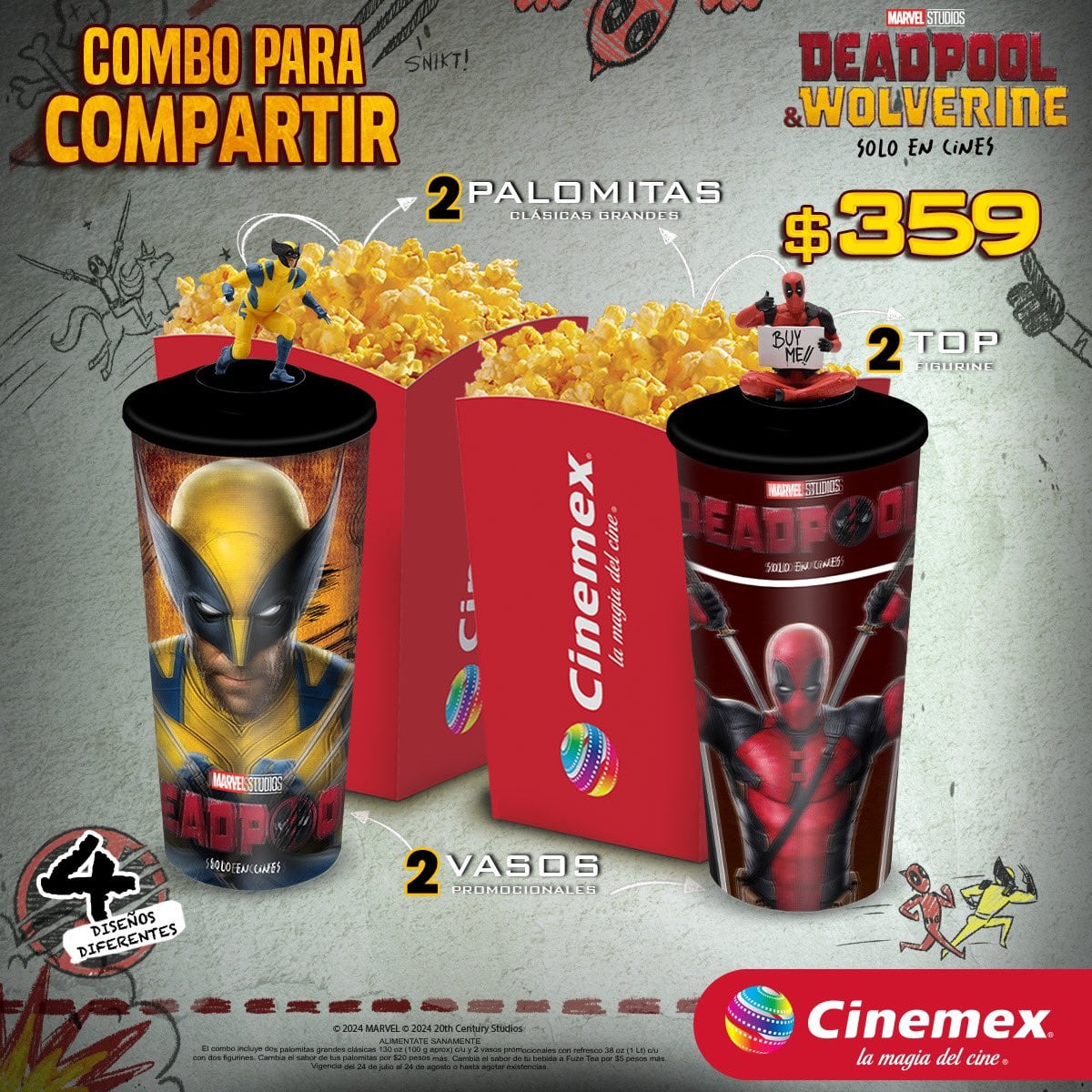 Precio de combos de Cinemex con palomera y vasos coleccionables de Deadpool y Wolverine