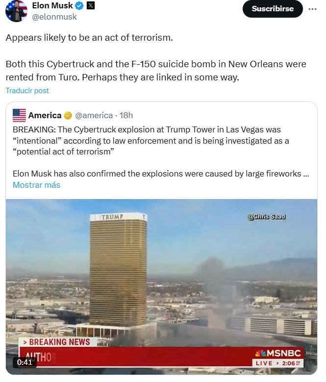 Elon Musk vincula ataques en Las Vegas y Nueva Orleans con app Turo