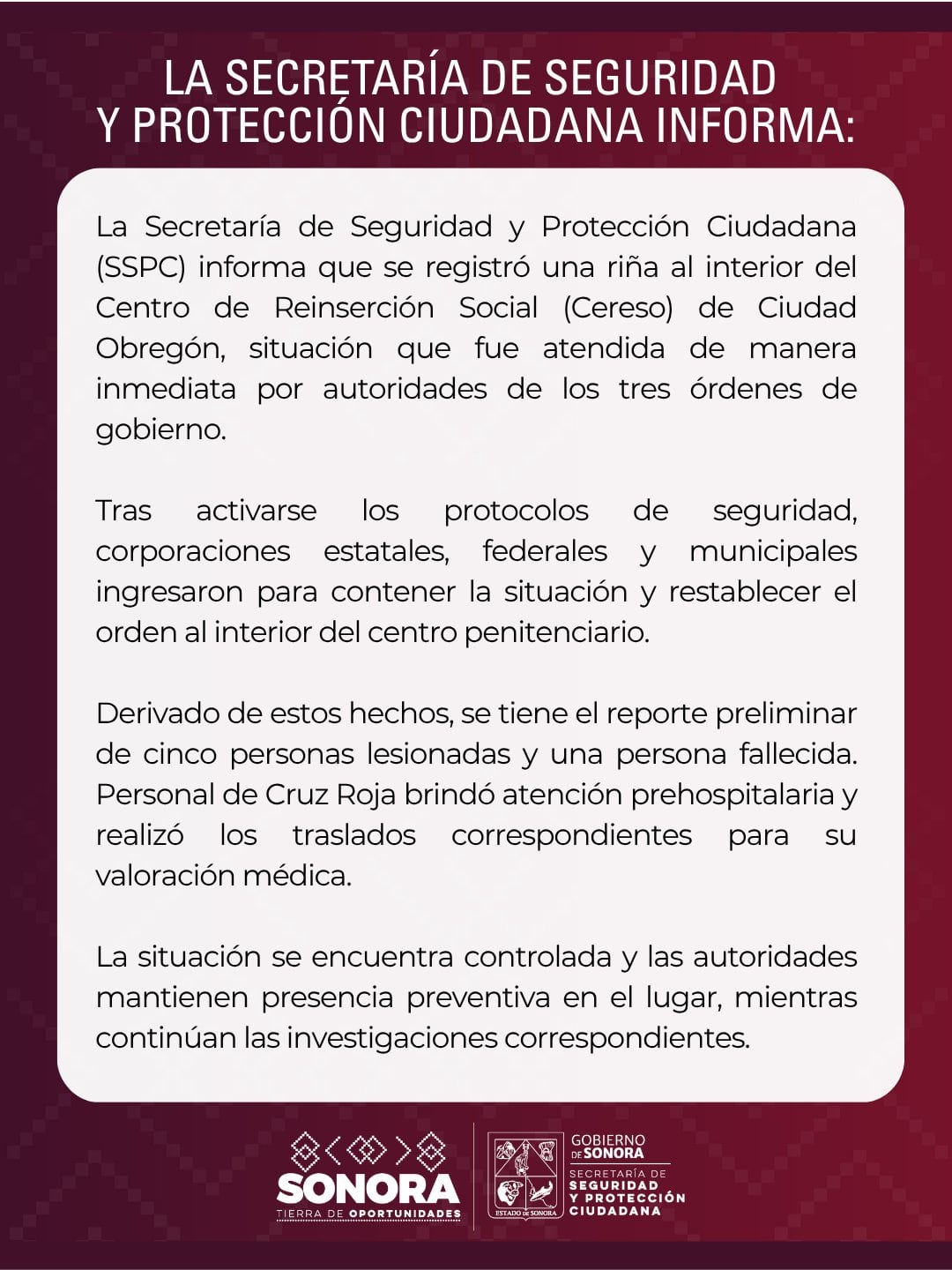 Balacera en Cereso de Ciudad Obregón deja un muerto
