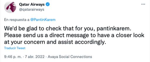 Tuits de respuesta de la cuenta de Qatar Airways/Twitter