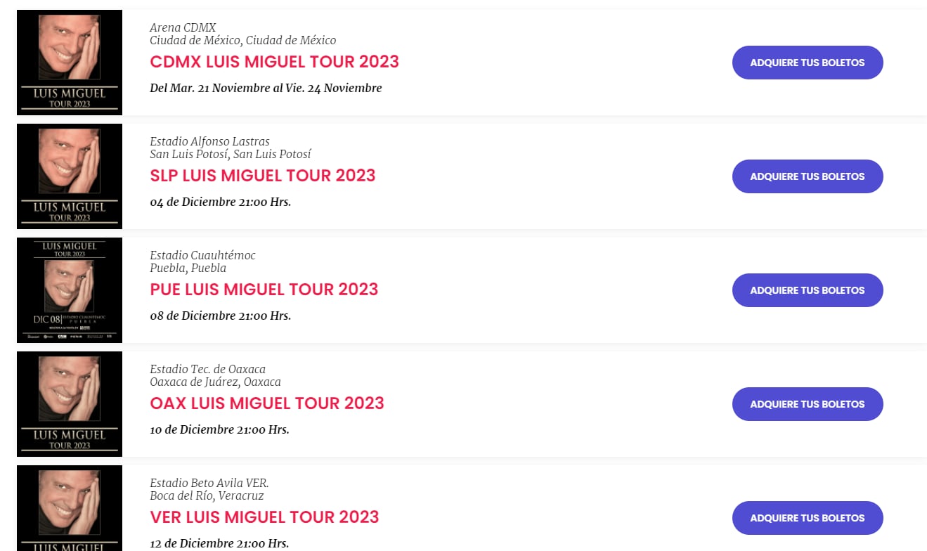 Ciudades con venta general de entradas en Superboletos para conciertos de Luis Miguel en México