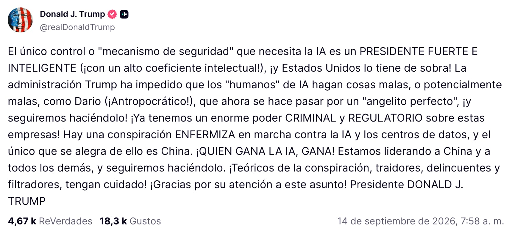 Donald Trump dice que la IA solo necesita de su control