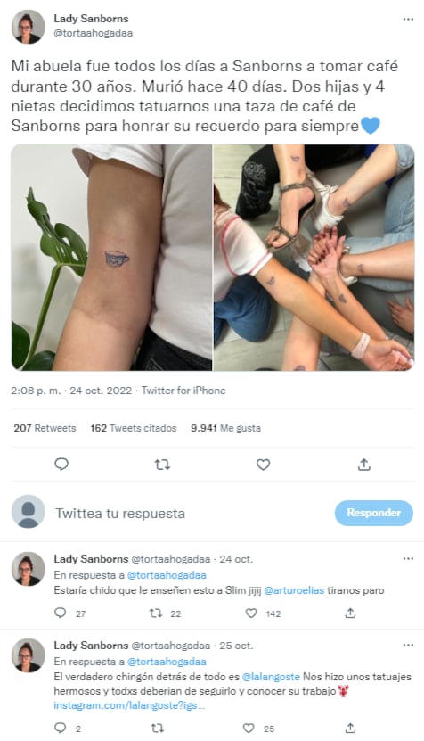 Tuit de una nieta publicando que ella y su familia se tatuaron para recordar a su abuela por siempre