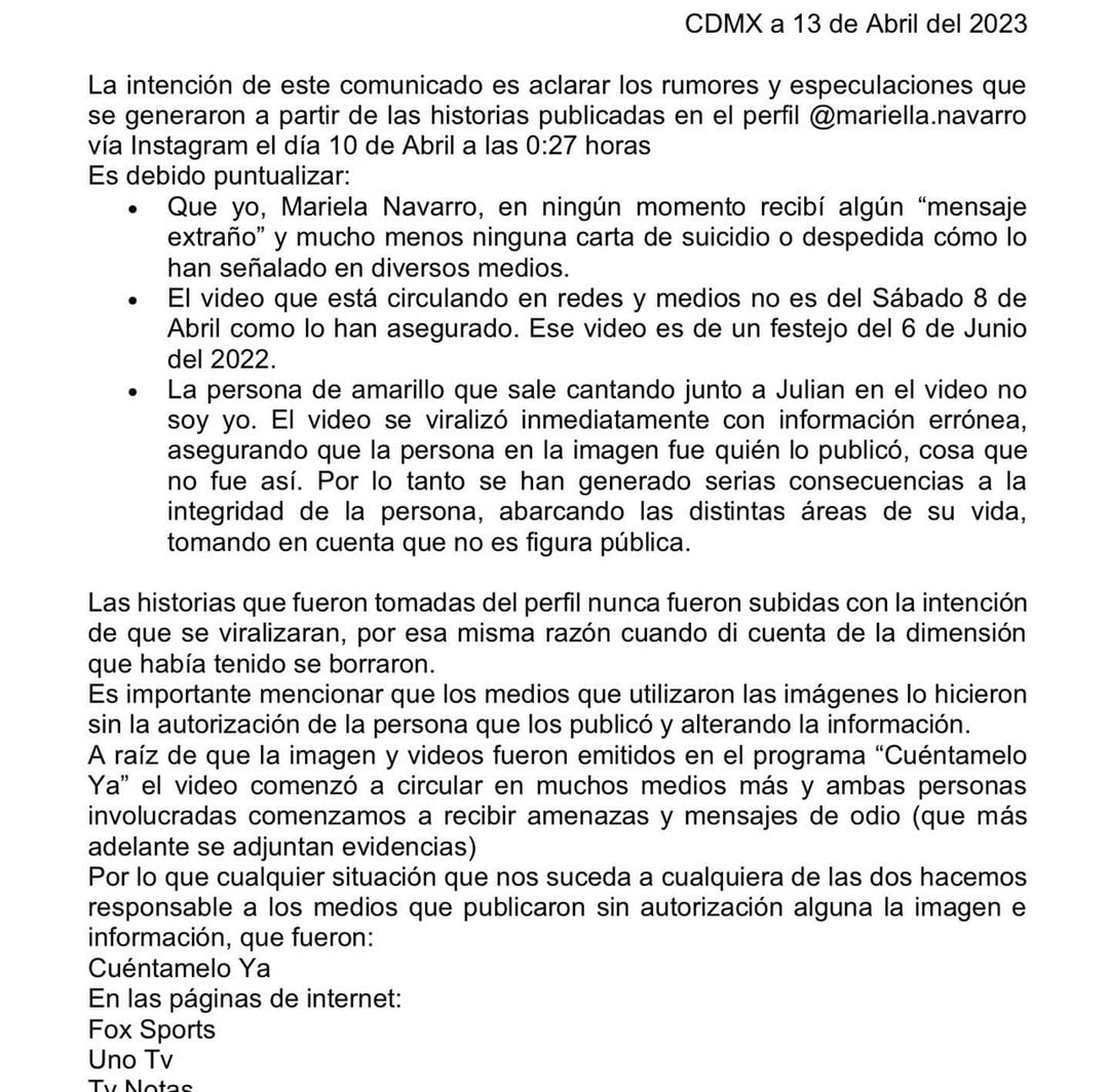 Comunicado de amiga de Julián Figueroa.