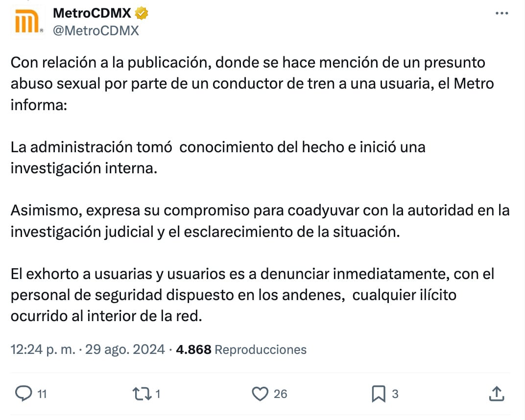 Abuso sexual por conductor del Metro CDMX