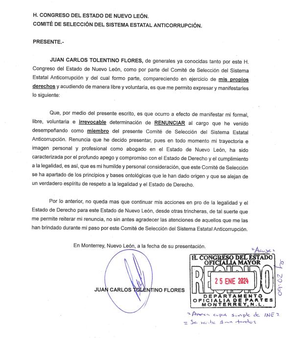 Renuncia de Juan Carlos Tolentino Flores