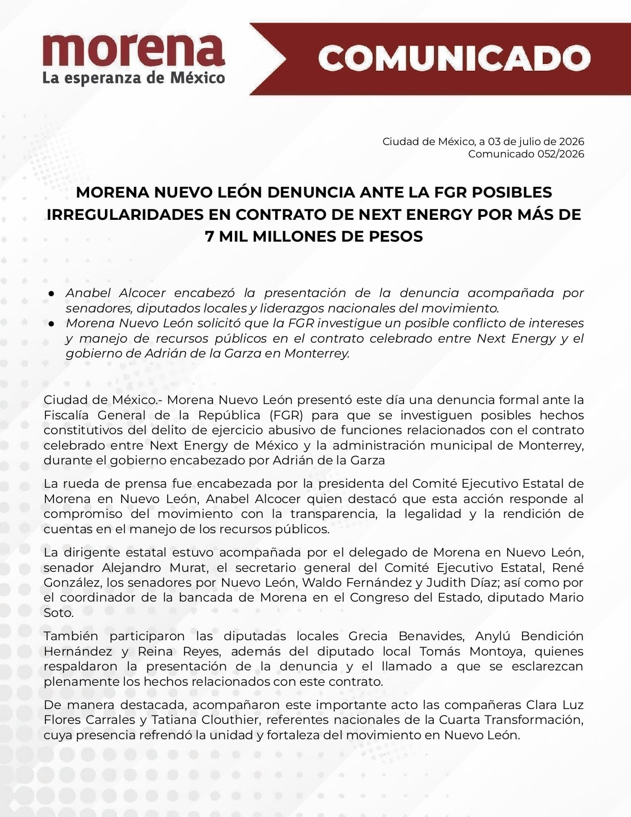 Morena busca que la FGR investigue a Adrián de la Garza por Next Energy