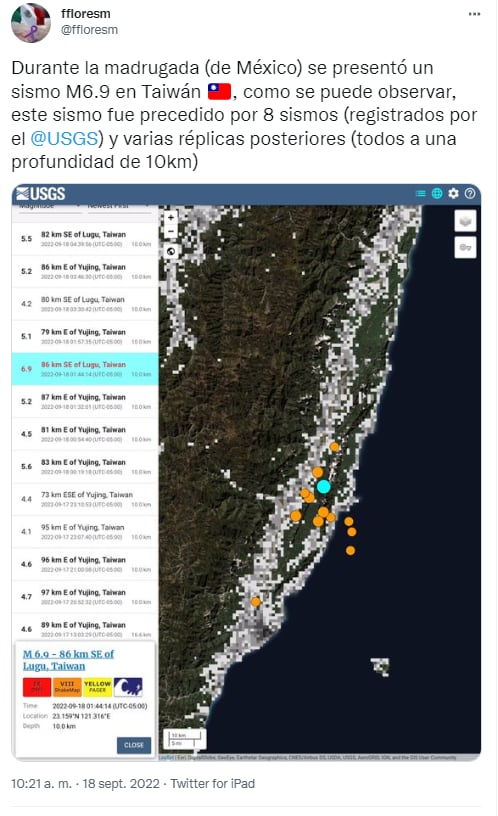 Servicio Geológico de Estados Unidos (USGS), notifica de terremoto de magnitud 6-9 en Taiwán