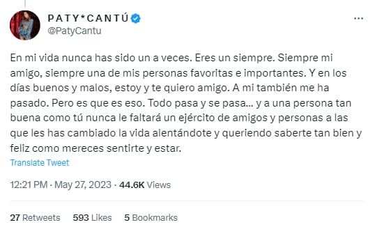 Tuit de Paty Cantú apoyando a su amigo Alejandro Sanz