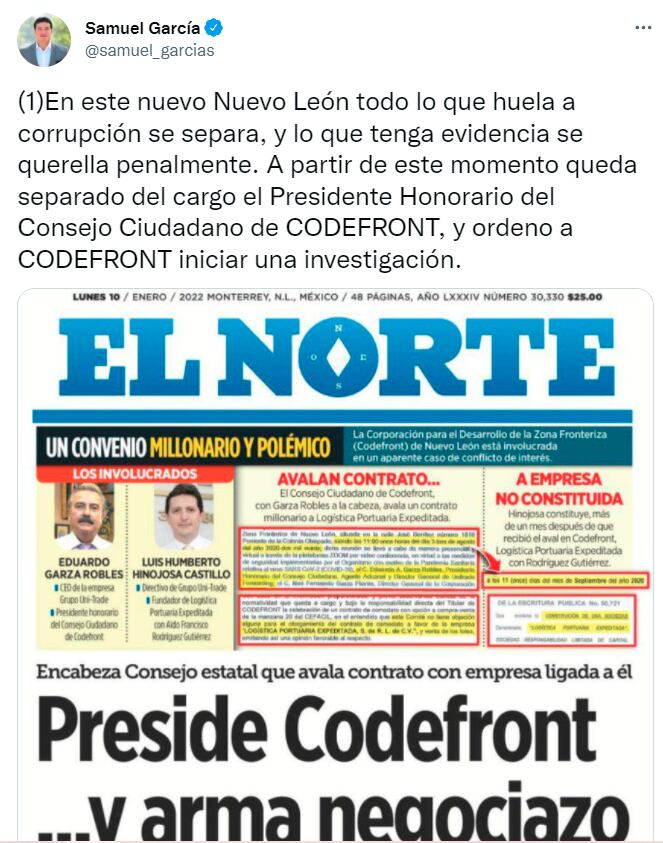 Tuit de Samuel García sobre la destitución de Eduardo Garza