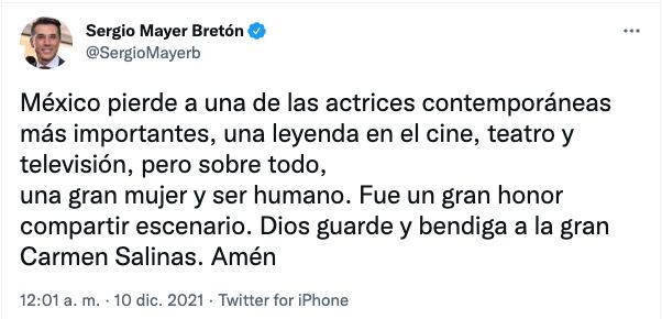 Sergio Mayer lamenta muerte de Carmen Salinas