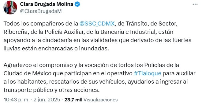 Clara Brugada manda mensaje tras inundación por lluvia del Viaducto Río Piedad, CDMX
