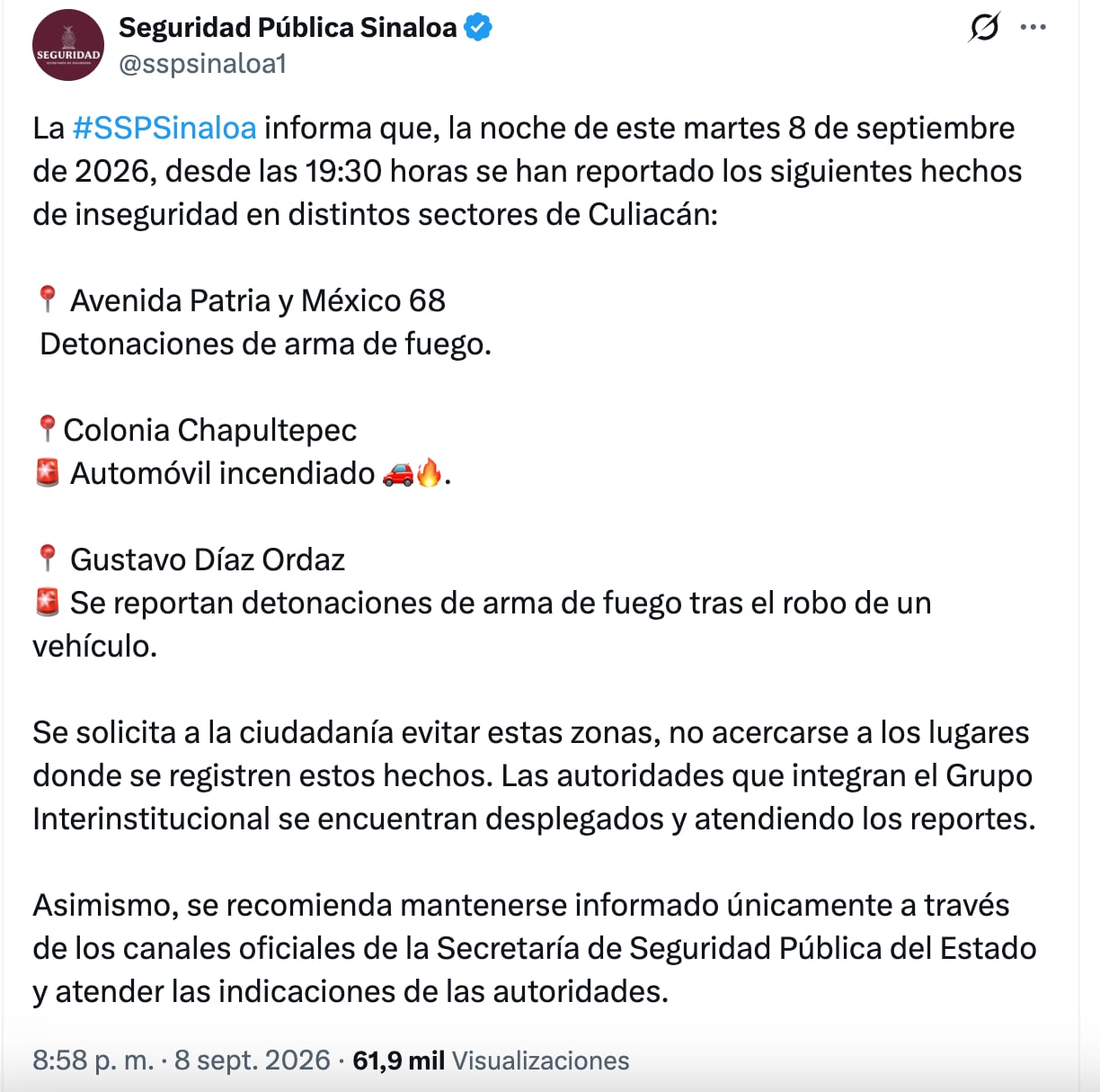 Se registran hechos violentos en Culiacán, Sinaloa