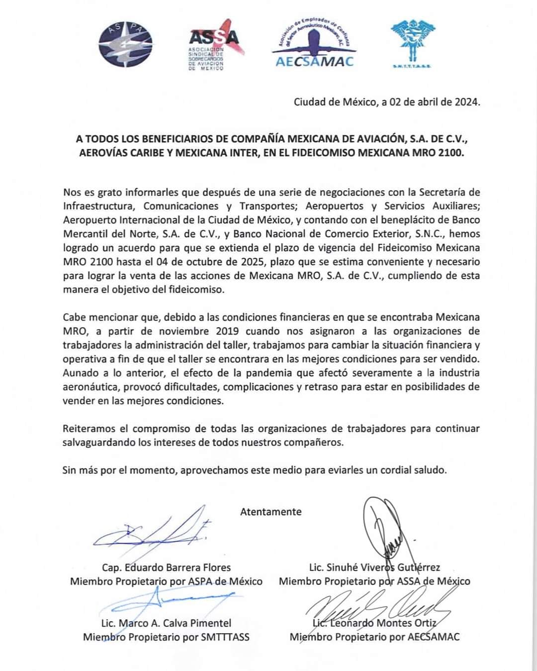Comunicado de prorroga del Fideicomiso Mexicana MRO