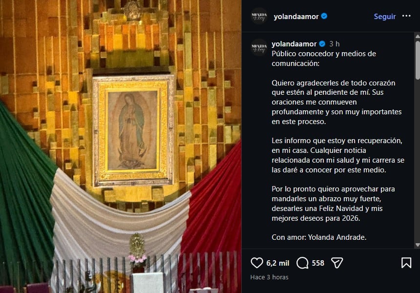 Yolanda Andrade se recupera en casa y envía mensaje de Navidad