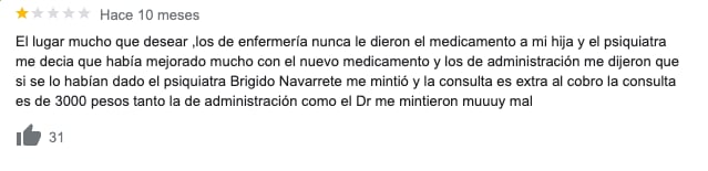Opiniones en Google sobre la clínica Margarita, en la cual Ricardo O'Farrill fue internado