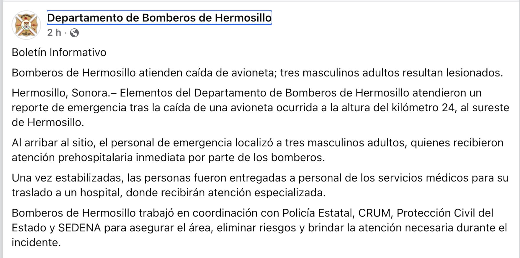 Desplome de aeronave cerca del Rancho El Charolais, en Hermosillo, deja tres heridos