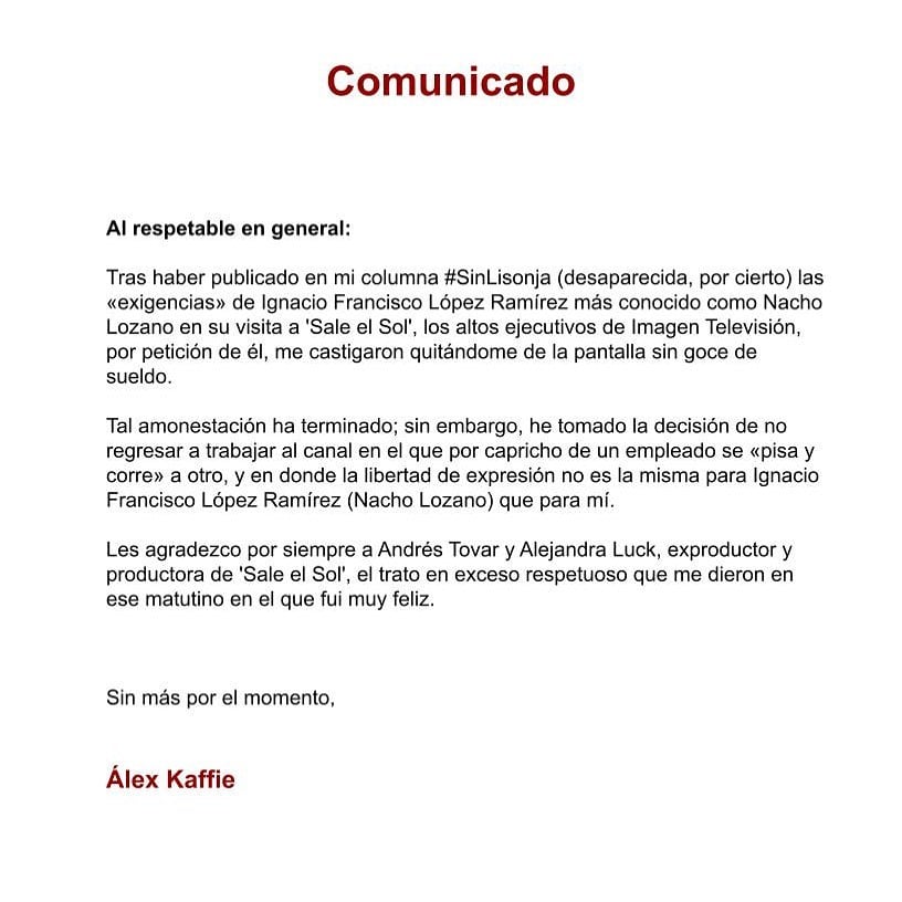 Alex Kaffie sí fue castigo por culpa de Nacho Lozano; renuncia a Imagen Televisión.