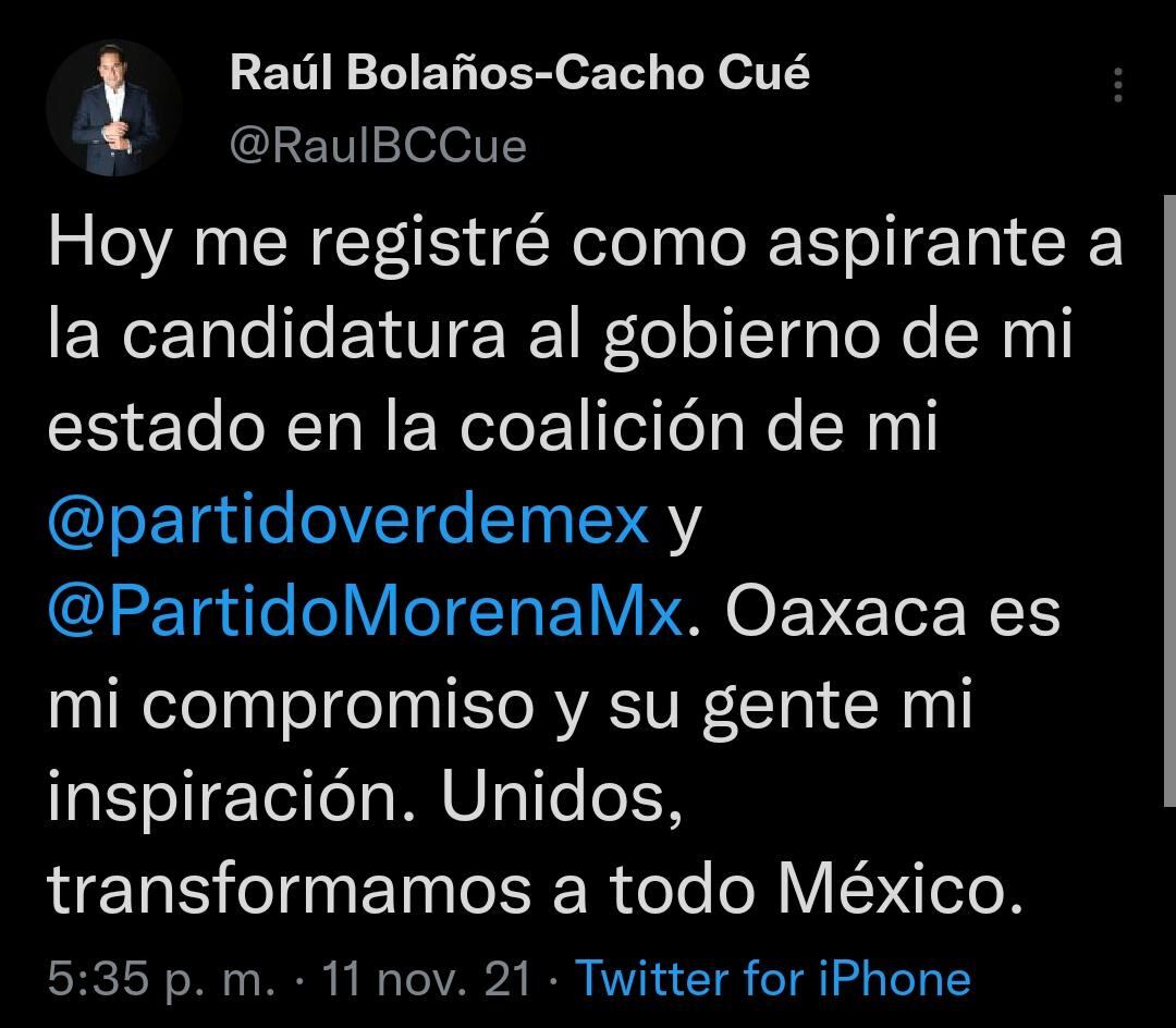 Raúl Bolaños-Cacho Cué se registra como candidato a la gubernatura de Oaxaca