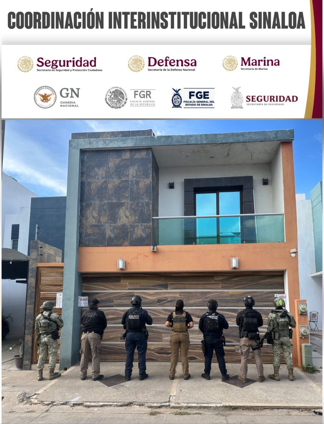 Sinaloa informa decomiso de droga y armas tras un inmueble en resguardo.