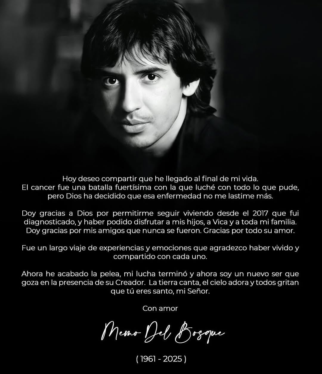 Comunicado de la muerte de Memo del Bosque.