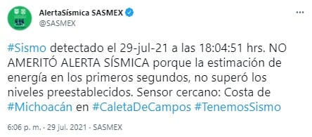 Sasmex sobre el sismo en Michoacán