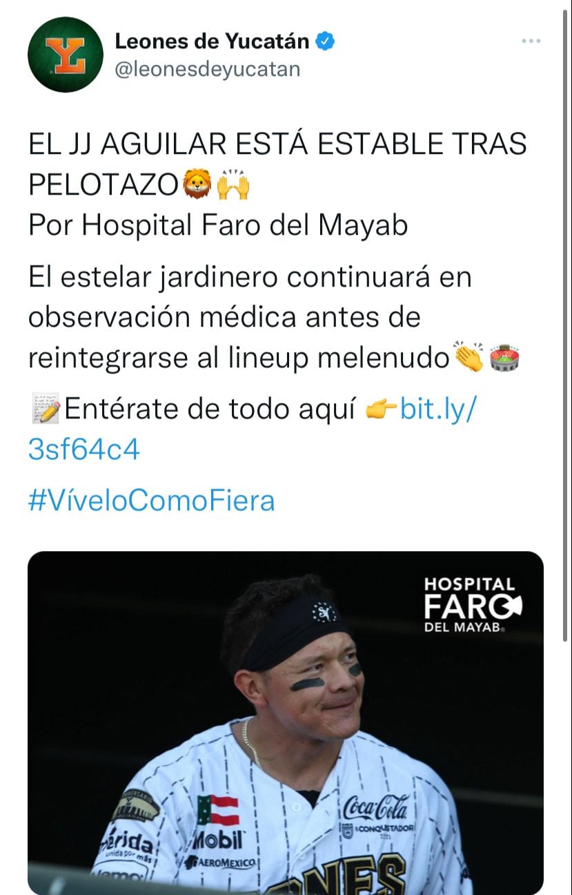 A través de redes sociales, Leones de Yucatán reportó el estado de salud de José Juan Aguilar.
