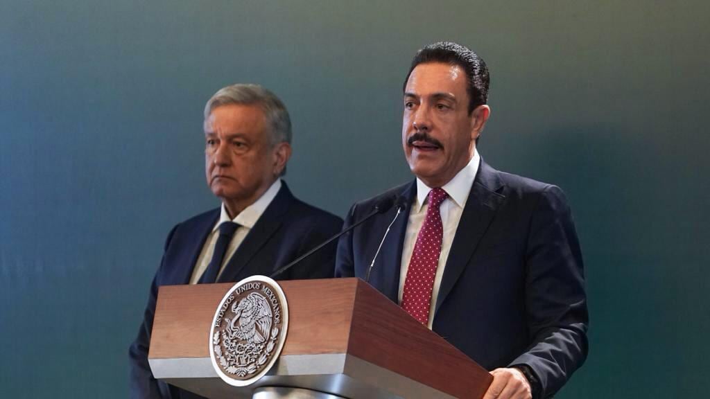 Omar Fayad en conferencia de prensa con el presidente López Obrador.