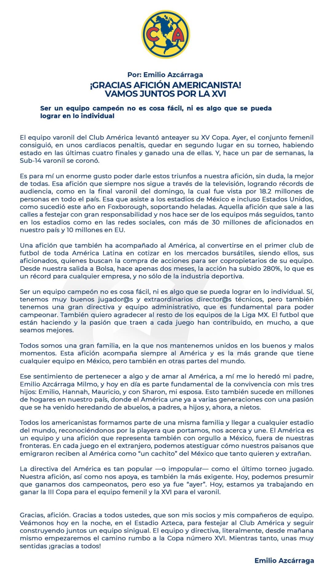 Comunicado del América