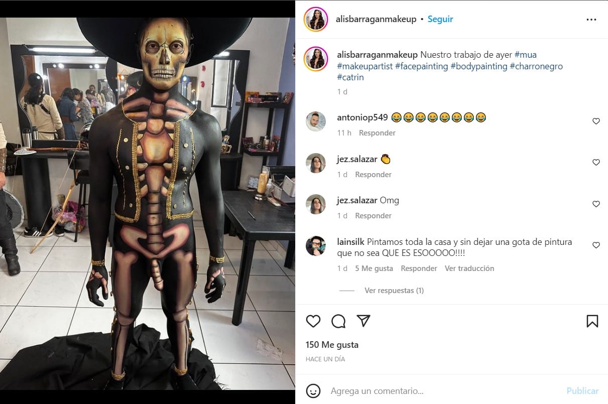 Body paint de charro calavera con "el sin hueso"