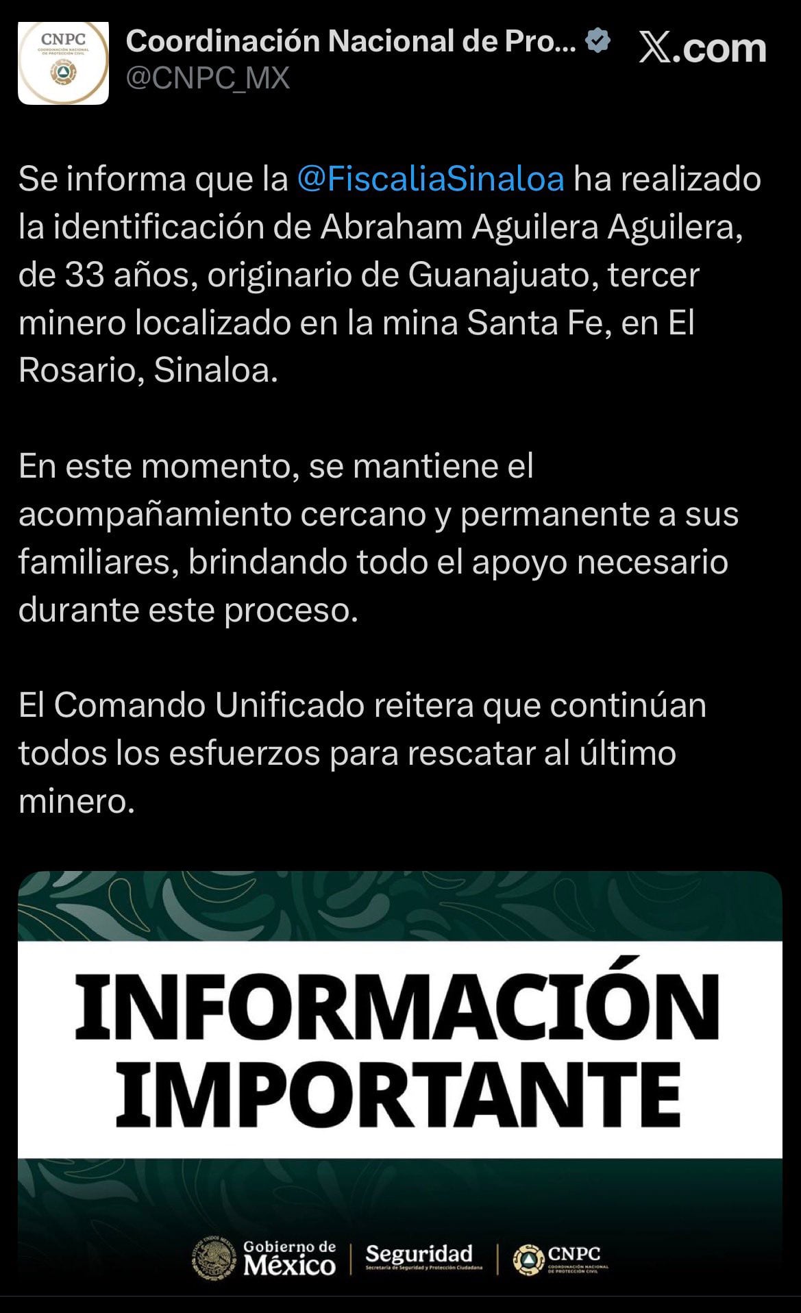 Fiscalía de Sinaloa identifica a tercer trabajador en mina Santa Fe