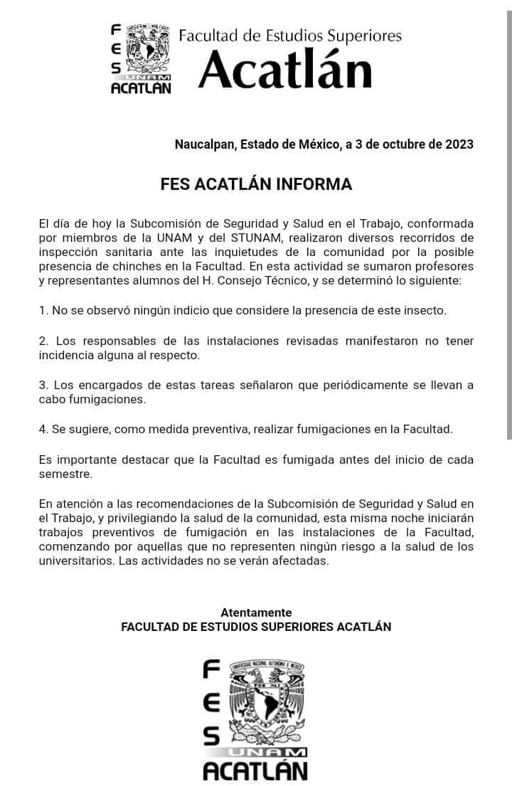 Chinches en la UNAM: Estas facultades no tendrán clases presenciales