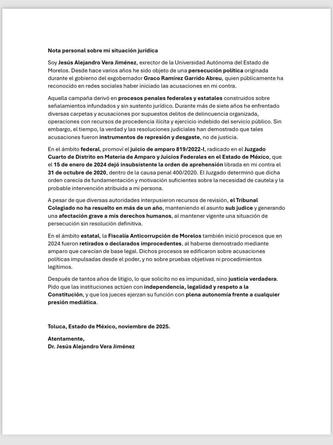 Carta de Alejandro Vega