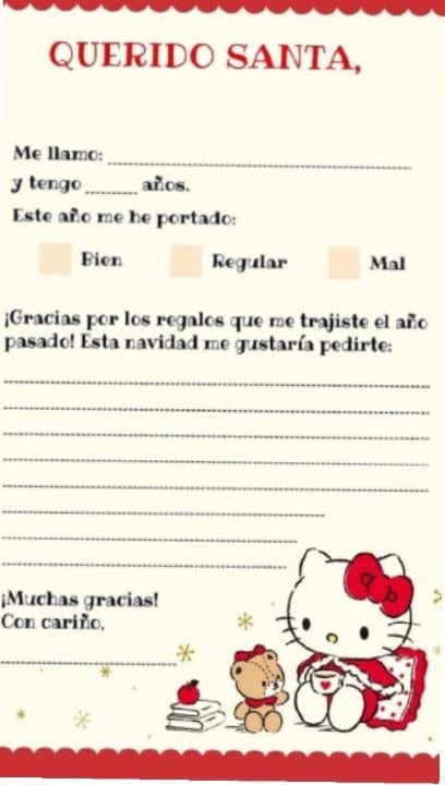 Carta para Santa Claus de Hello Kitty para llenar