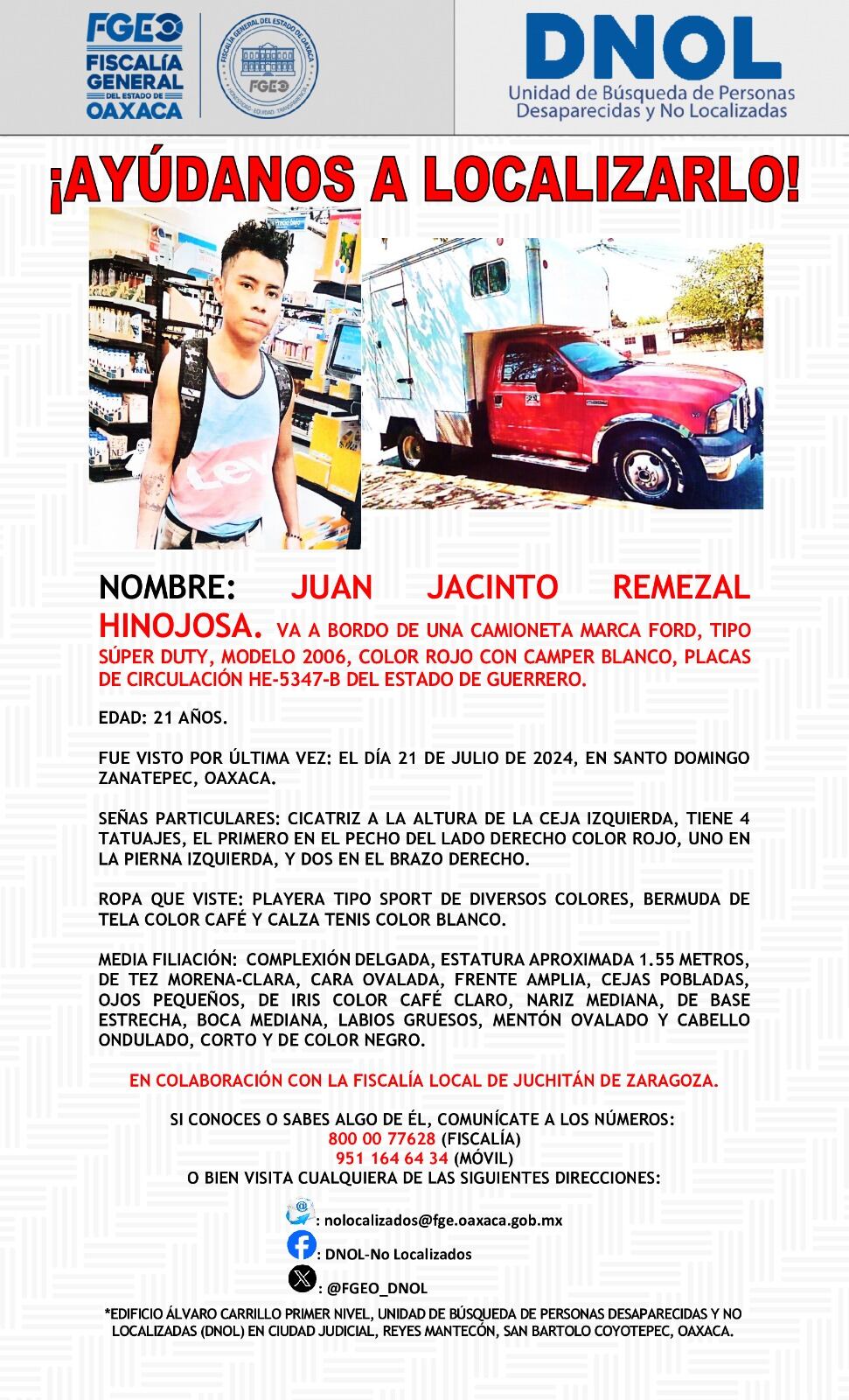 Ficha de búsqueda de los 5 jóvenes indígenas que desaparecieron en el Istmo de Tehuantepec