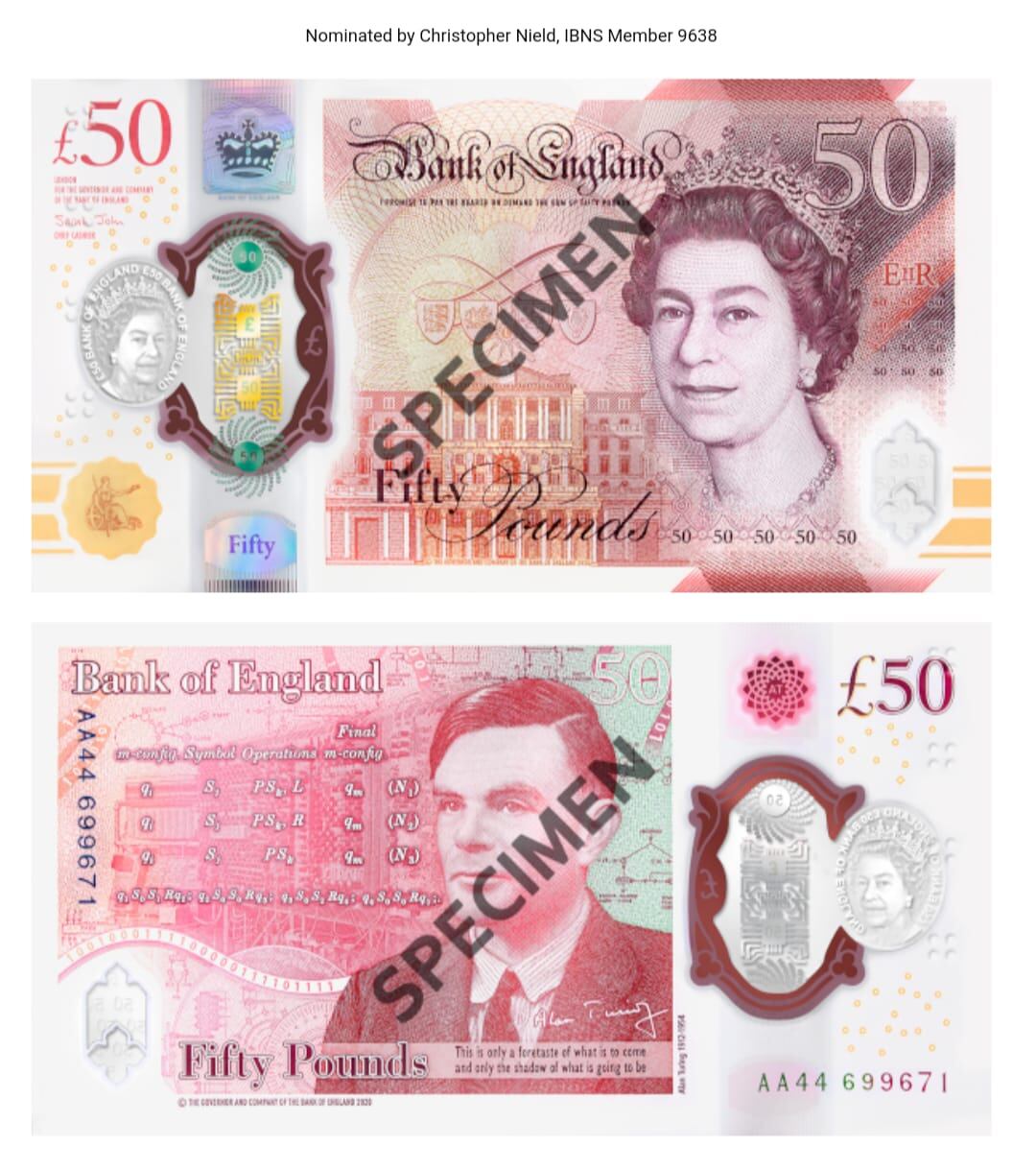 Billete de 50 libras del Banco de Inglaterra ganador del tercer lugar del Premio al Billete de Banco del Año