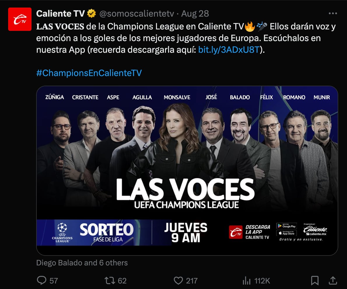 Los nuevos narradores de Caliente TV para la Champions League